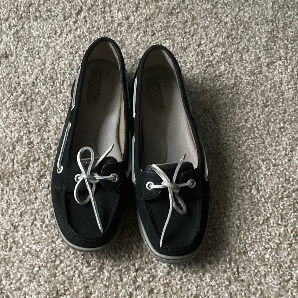 Sperry Black Boat Shoes with White Laces